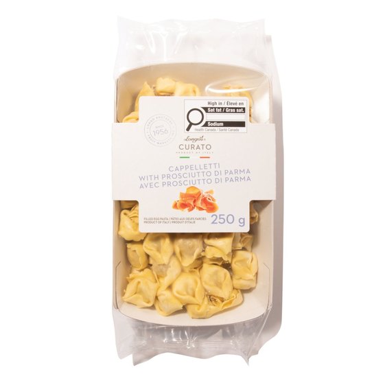 Longo&rsquo;s Curato cappelletti with Prosciutto di Parma, fresh Italian filled pasta in a 250 g package.